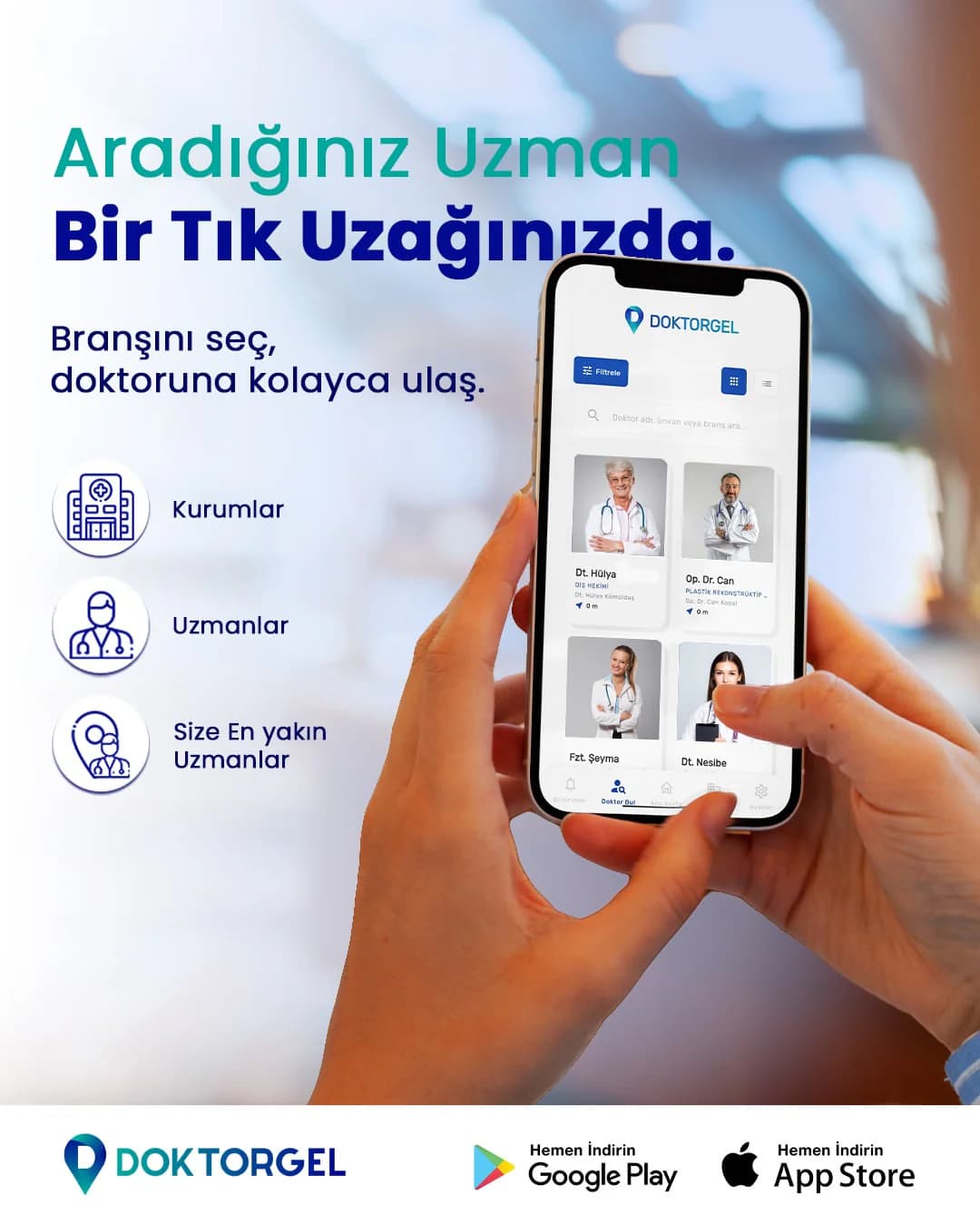 DoktorGel gönderisi — uygulama ekranıyla branşa göre uzman arama