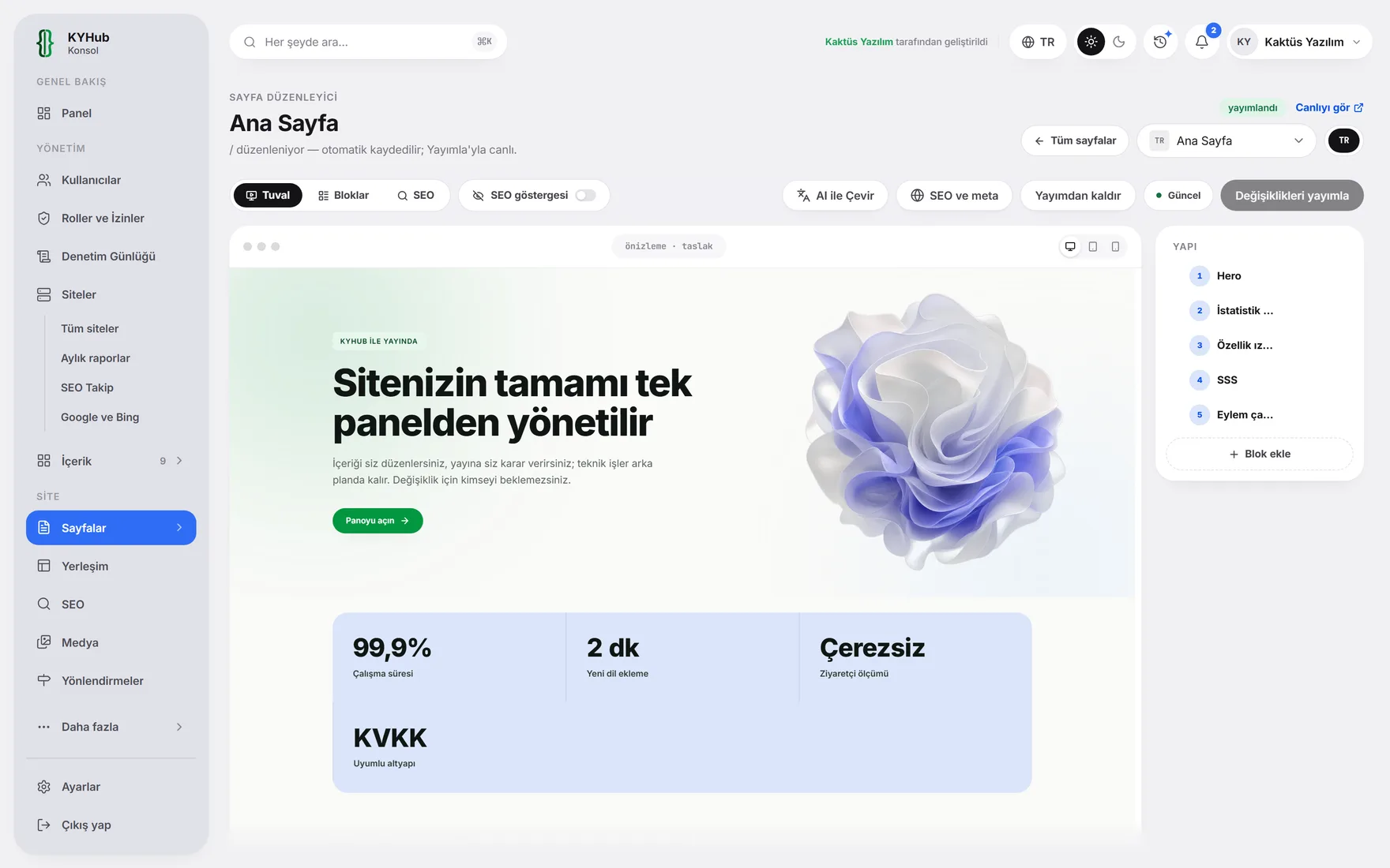KYHub sayfa editörü: sayfa gerçek görünümünde düzenleniyor.