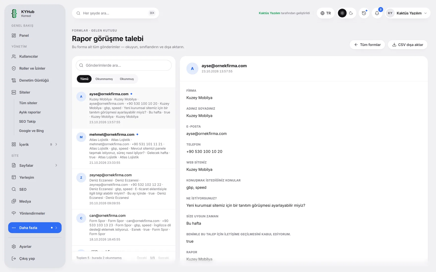 Form yanıtları ekranı: gelen mesajlar tek listede.