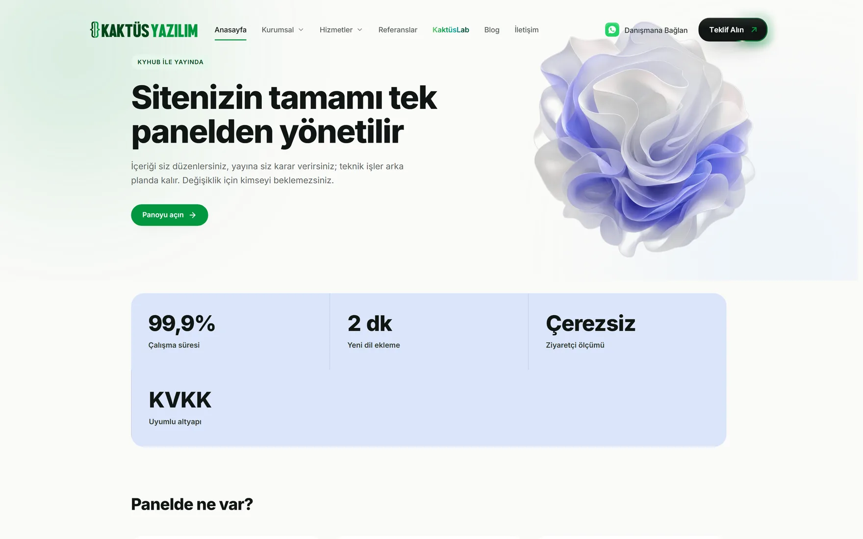 Platformun hazır şablonuyla yayına alınmış bir sitenin ana sayfası.